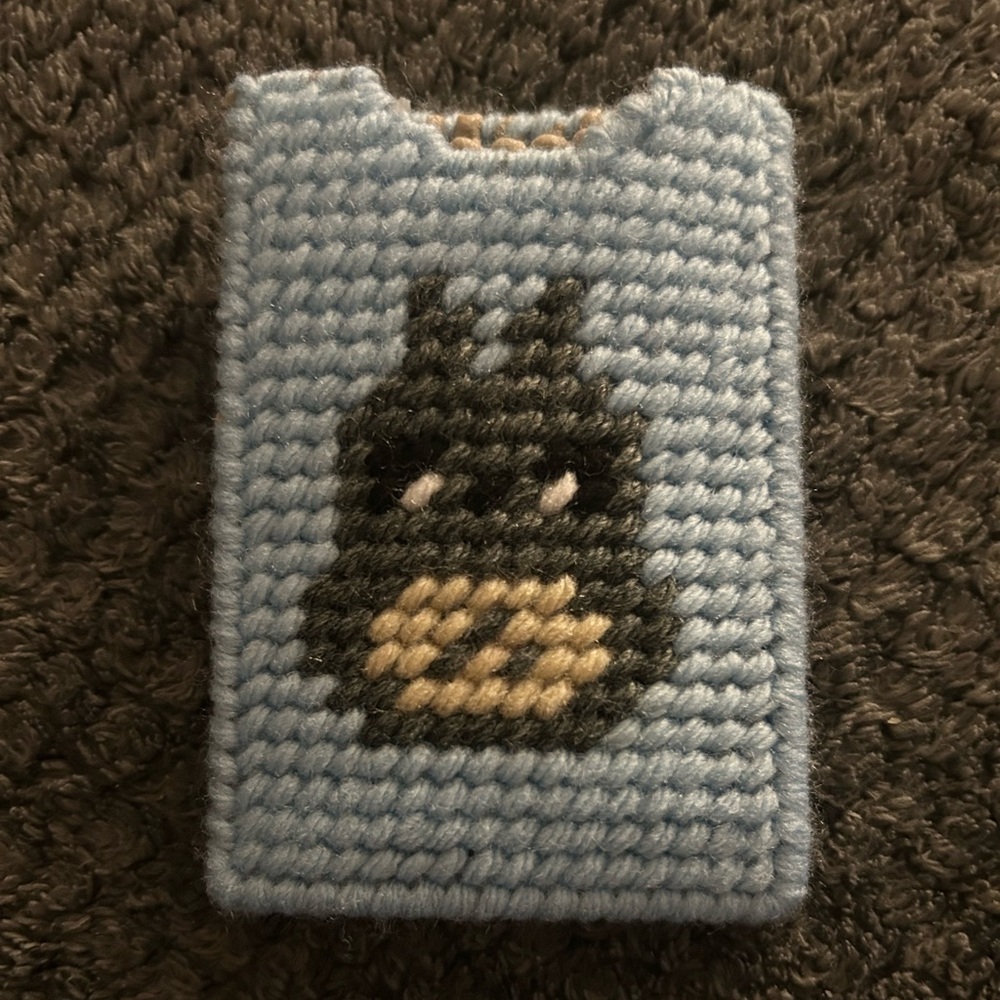 Handcrafted Light Blue Crocheted Key & Card Holder with Black Character Accent